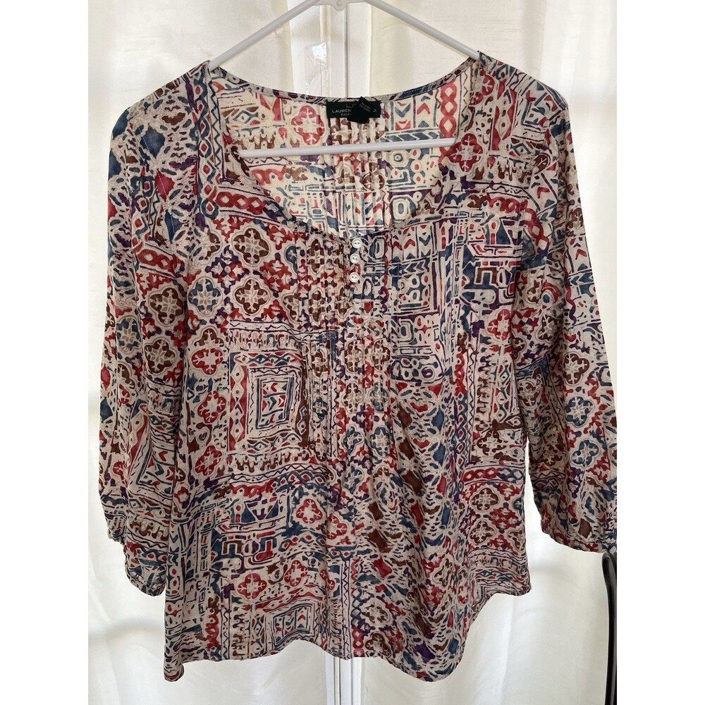 LRL Ralph Lauren Women's Top Medium Batik Print Boho Artsy Folk Eclectic Hippie